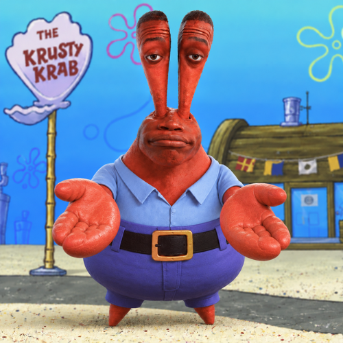 Kraby Lame mascot with open claws outside the Krusty Krab